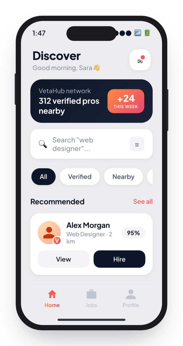 VetaHub Discover feed showing verified professionals nearby