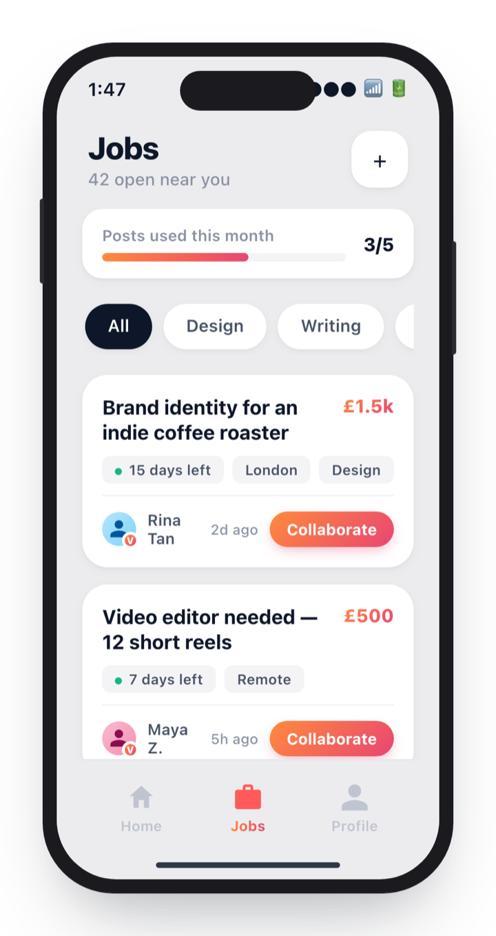 Jobs feed with hire and collaborate jobs