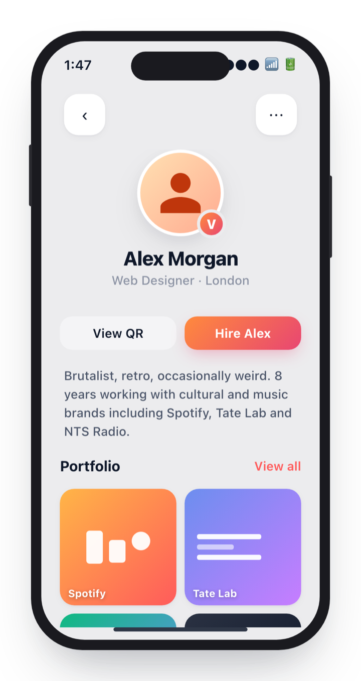 A verified professional's VetaHub profile with a Hire button