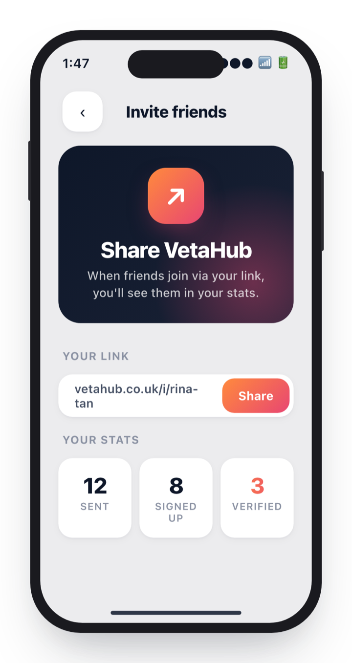 Invite friends screen with referral link and stats